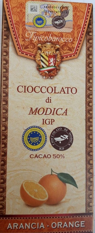 *Cioccolato di Modica IGP cacao al 50% barretta all'ARANCIA 100gr Prodotti Tipici Iblei