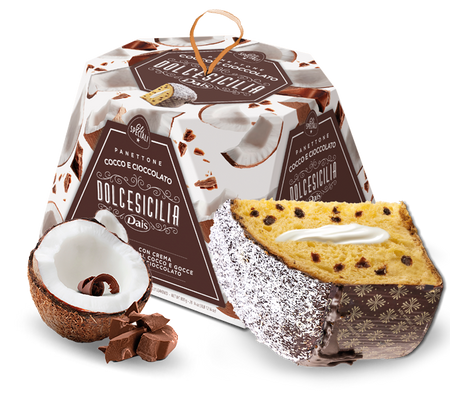 Panettone "COCCO E CIOCCOLATO" farcito con crema al cocco e gocce di cioccolato 800gr Dais