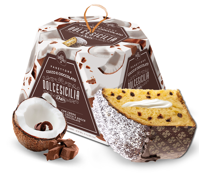 Panettone "COCCO E CIOCCOLATO" farcito con crema al cocco e gocce di cioccolato 800gr Dais