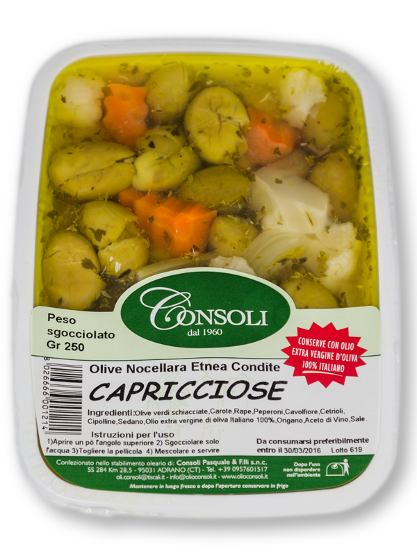 Olive verdi schiacciate "Capricciose" 250gr Consoli - Prodotti & Sapori di Sicilia ~ I migliori prodotti tipici sicilianiPRODOTTI TIPICI SICILIANI